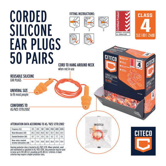Citeco Class 4 Corded Silicone Ear Plugs 50 Pairs - Reusable - 400mm x 20mm x 40mm – view 2