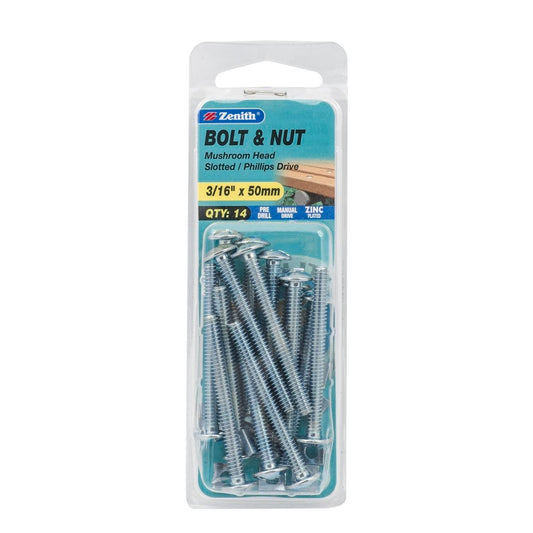 Zenith Mushroom Head Bolt & Nut - 3/16 x 50mm - 14 Pack - Zinc Plated - Auzzistore