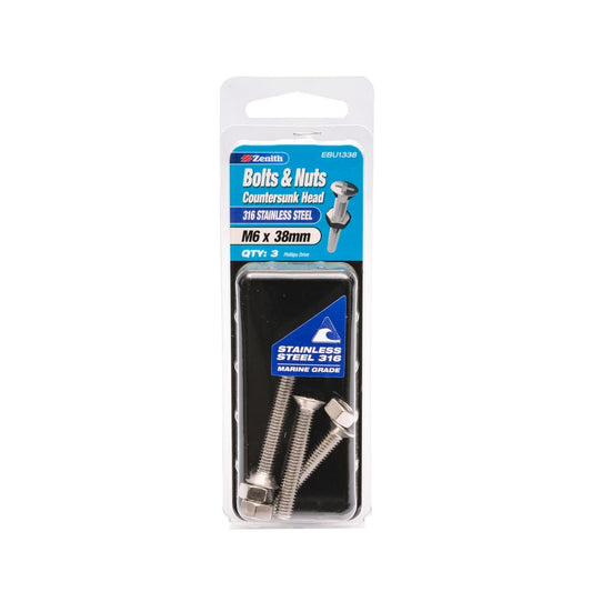 Zenith M6 x 38mm Stainless Steel Countersunk Head Bolt and Nut 3 Pack - Auzzistore