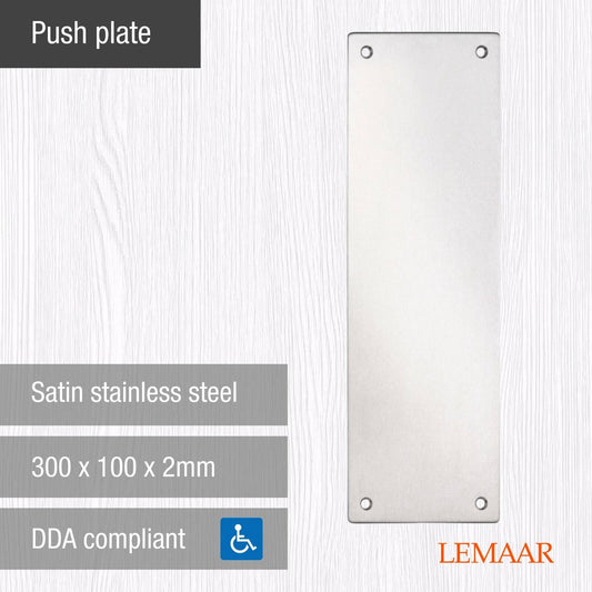 Lemaar Push Plate 300 x 100 x 2mm Satin Stainless Steel DDA Compliant – view 2 - Auzzistore