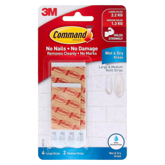 Command Wet Area Refill Strips 6 Pack Medium Large White Damage-Free