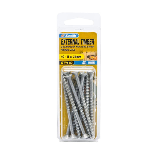 Zenith Timber Screws - 8 x 75mm Galvanised - Coarse Thread - 10 Pack - Auzzistore