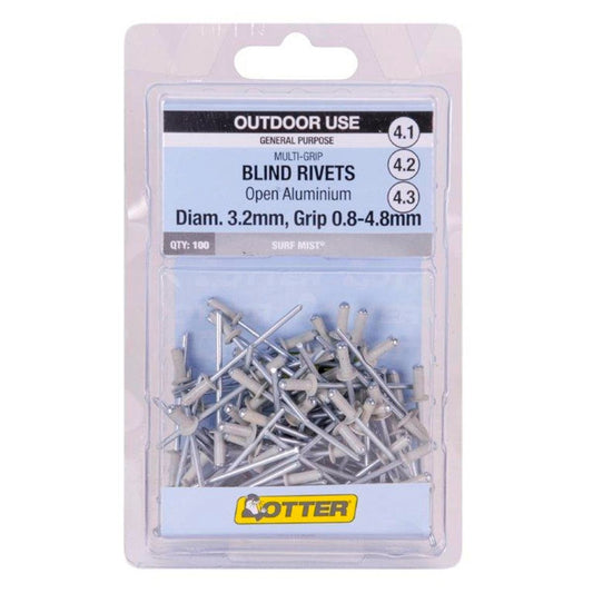 Otter Multi Grip Open Aluminium Blind Rivets 3 2 x 0 8 4 8mm 100 Pack - Surf Mist - Auzzistore