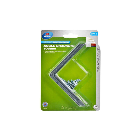 Zenith Angle Brackets 100mm Zinc Plated Steel 4 Pack Corrosion Resistant - Auzzistore