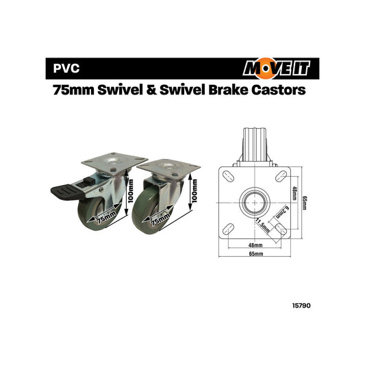 Move It 75mm PVC Castor 4 Pack - Low Rolling Resistance - 40kg Load – view 2 - Auzzistore