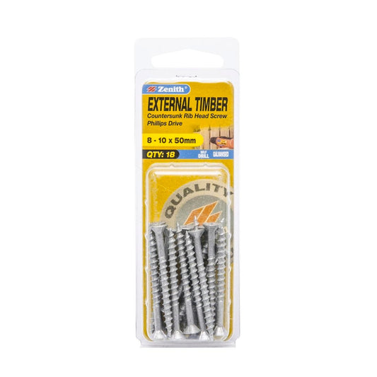 Zenith Timber Screws - 10mm x 50mm - Galvanised - Countersunk Rib Head - 18 Pack - Auzzistore