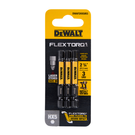 Dewalt Flextorq Screwdriver Bit 3 Pack - 57mm Hex5 - Durable & Impact-Ready – view 2 - Auzzistore