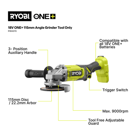 Ryobi 18V ONE+ Angle Grinder Kit - 115mm - 4.0Ah Battery - Cutting & Grinding – view 2 - Auzzistore