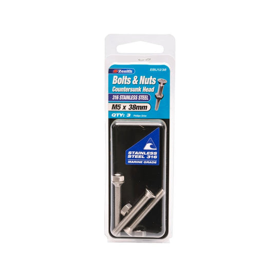 Zenith M5 x 38mm 316 Stainless Steel Countersunk Bolt and Nut 3 Pack - Auzzistore