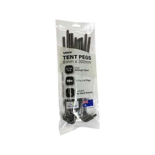 Rhino 8 x 300mm Tent Peg - Heavy-Duty Steel - 10 Pack - Medium-Hard Ground