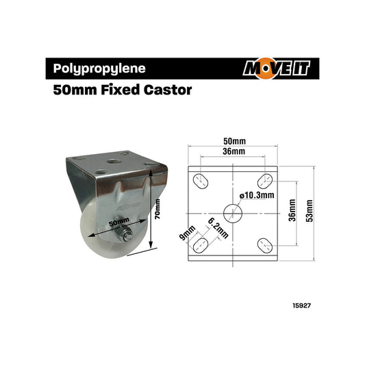 Move It 50mm White Polypropylene Fixed Plate Castor - Durable - 40kg Load Capacity – view 2 - Auzzistore