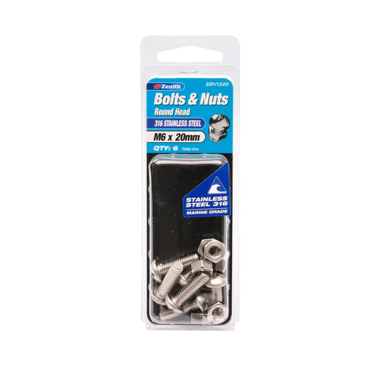 Zenith Round Head Bolt - M6 x 20mm - Stainless Steel - Corrosion Resistant - Auzzistore