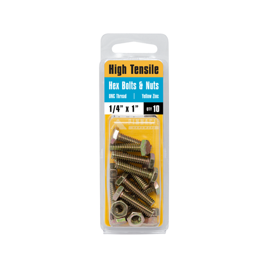 Pinnacle Hi Tensile Hex Bolt & Nut - 1/4 x 1" - Yellow Zinc - 10 Pack – view 2 - Auzzistore