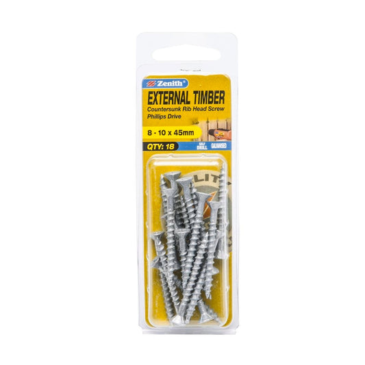 Zenith Timber Screws - 10 x 45mm Galvanised - Coarse Thread - 18 Pack - Auzzistore