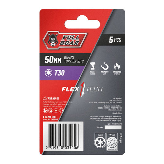 Full Boar Impact Torsion Bits Set - T30 x 50mm - 5 Pack - High Torque Durability – view 2 - Auzzistore