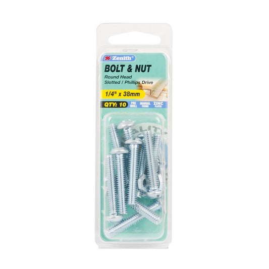 Zenith Round Head Bolt & Nut - 1/4 x 38mm - 10 Pack - Zinc Plated Internal Use - Auzzistore