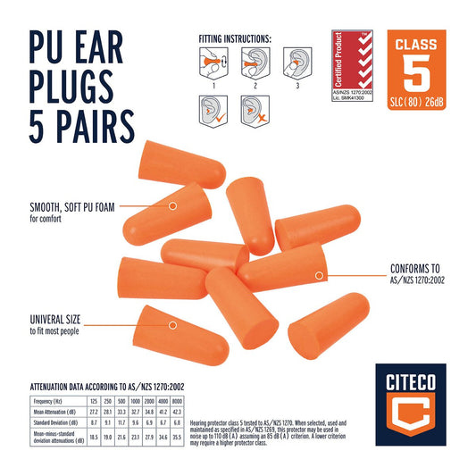 Citeco Class 5 Ear Plugs - 5 Pairs - PU Foam - Taper Fit - Comfortable – view 2