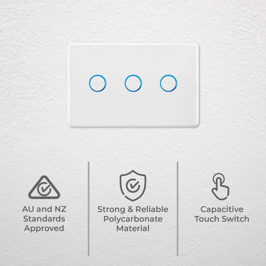 Deta Touch Activated Triple Gang Light Switch - 77mm x 30mm x 110mm - White – view 2 - Auzzistore