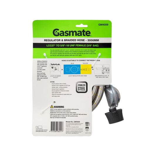 Gasmate Regulator Braided Hose 3000mm LCC27 to 5/8" UNF - Durable Connection – view 2 - Auzzistore