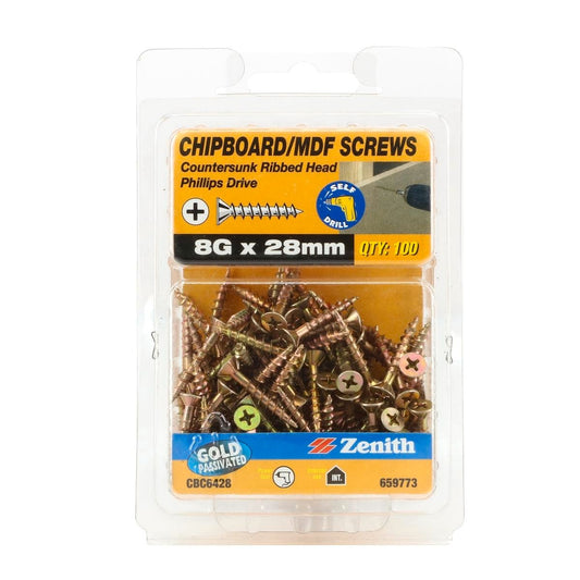 Zenith Chipboard Screws - 8g x 28mm Gold Passivated - 100 Pack - Countersunk - Auzzistore