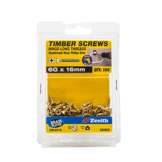 Zenith Hinge Long Thread Screws - 6g x 16mm - Brass Plated - 100 Pack - Auzzistore