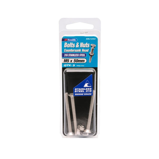 Zenith M5 x 50mm 316 Stainless Steel Countersunk Head Bolt Nut 3 Pack - Auzzistore
