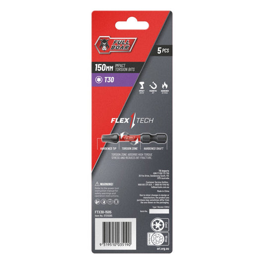 Full Boar Impact Torsion Bit 5 Pack - T30 x 150mm - Durable & High Torque – view 2 - Auzzistore