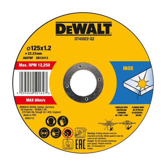 Dewalt Inox Thin Cut Discs - 125mm x 1.2 x 22.23mm - 10 Pack - Metal Cutting - Auzzistore