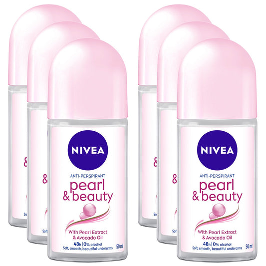 NIVEA Anti Perspirant Roll On Deodorant 6 x 50 ml Pearl And Beauty, 48h Protection