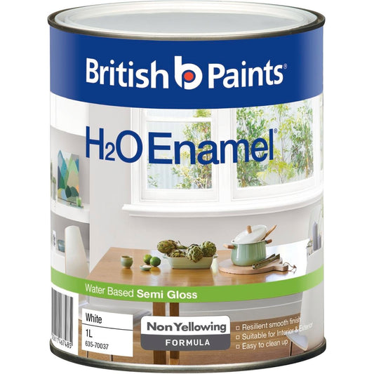British Paints H2O Enamel Paint - White - 1L - Semi Gloss - Durable Finish