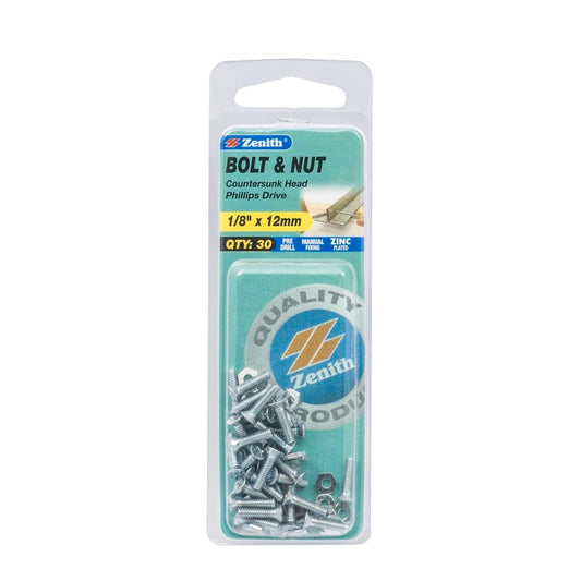 Zenith Countersunk Bolt & Nut - 1/8 x 12mm - Zinc Plated - Flush Finish - 30 Pack - Auzzistore