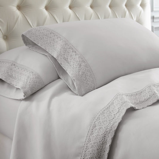 Kingtex 1500 Thread Count Crochet Lace Microfibre Sheet Set Single Silver/Silver - Auzzistore
