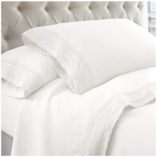 Kingtex 1500 Thread Count Crochet Lace Microfibre Sheet Set King Single White/White - Auzzistore