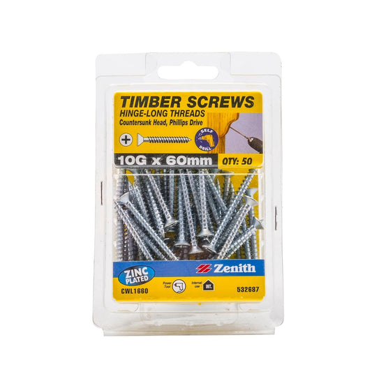 Zenith Hinge Long Thread Screw - 10g x 60mm - Zinc Plated - 50 Pack - Auzzistore