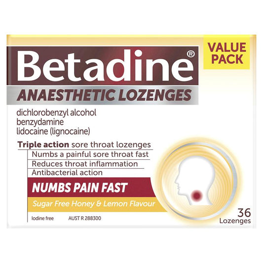 Betadine Sore Throat Lozenges - Anaesthetic Honey & Lemon Flavour (36 Pack)-Auzzi Store