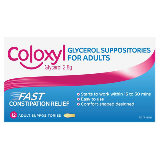 Coloxyl Glycerol Adult 12 Suppositories - Gentle Constipation Relief