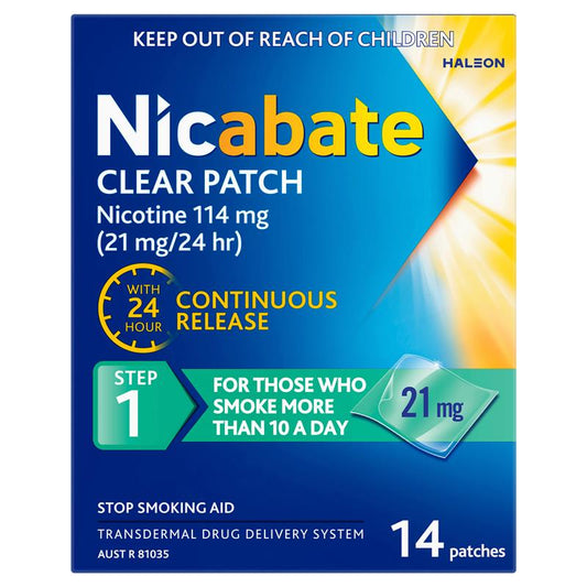 Nicabate Clear Patch Quit Smoking Step 1 21mg - 14 Patches Value Pack-Auzzi Store