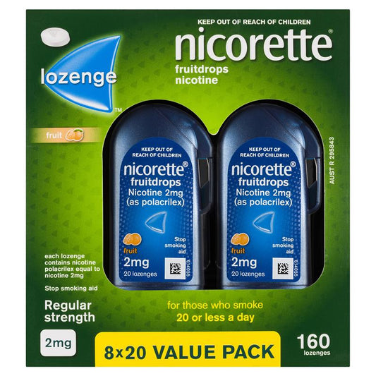 Nicorette Quit Smoking Regular Strength Nicotine Lozenge Fruitdrops - 8 x 20 Pack - Auzzi Store