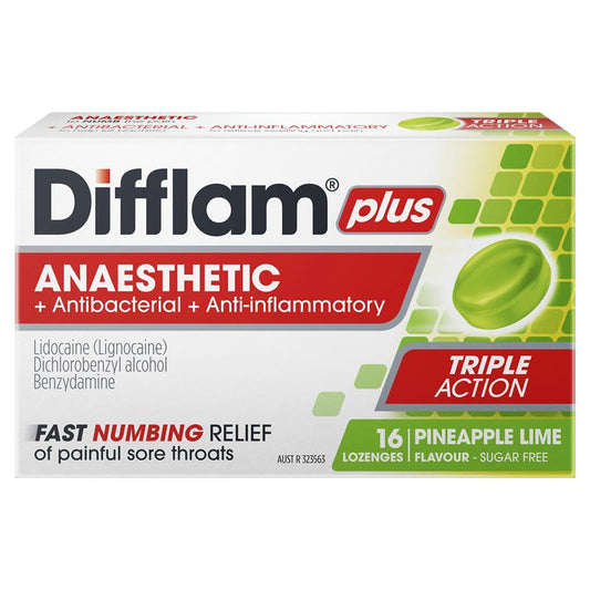Difflam Plus Anaesthetic Sugar Free Pineapple & Lime Lozenges - 16 Count - Auzzi Store
