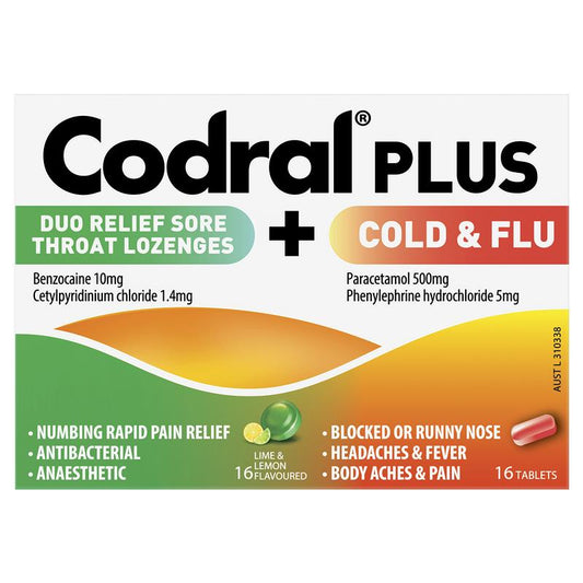 Codral Plus Cold & Flu 16 Tablets + Sore Throat 16 Lozenges - Dual Relief-Auzzi Store