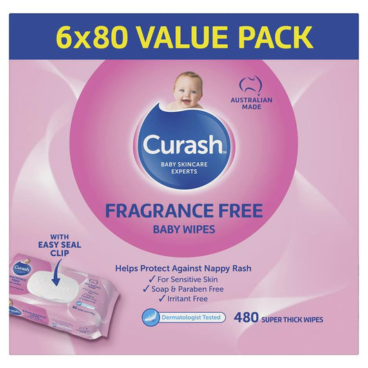 Curash Babycare Fragrance Free Wipes 6 x 80 - Gentle Care for Sensitive Skin-Auzzi Store