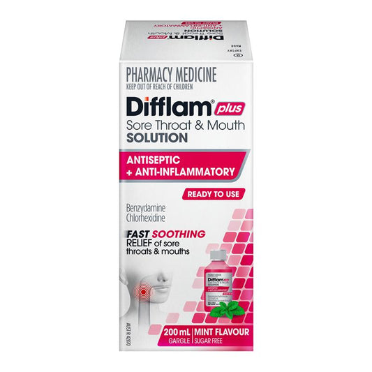 Difflam Plus Sore Throat & Mouth Solution Mint 200ml - Dual Action Relief-Auzzi Store