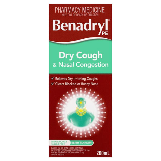 Benadryl PE Dry Cough & Nasal Congestion Non-Drowsy Berry Flavour 200mL-Auzzi Store