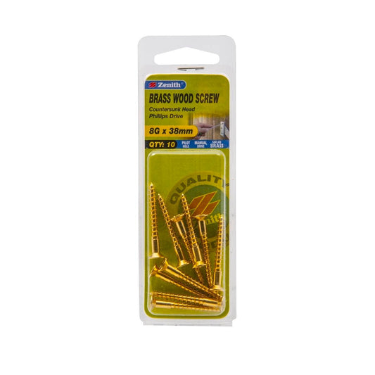 Zenith Wood Screws - 8g x 38mm Solid Brass - Countersunk Head - 10 Pack - Auzzistore