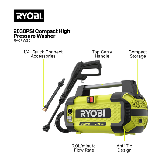Ryobi 2030 PSI Compact High Pressure Washer - 6.4 kg - Lightweight & Versatile – view 2 - Auzzistore