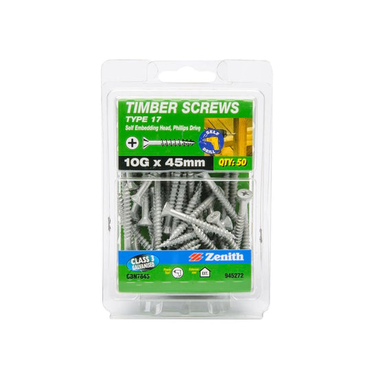Zenith Timber Screws - 10g x 45mm - Galvanised - Self-Embedding - 50 Pack - Auzzistore