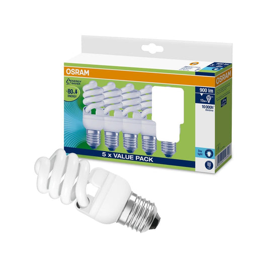 Osram 15W Daylight Mini Twist Spiral Globe 5 Pack Plastic Glass Energy Efficient - Auzzistore
