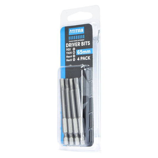 Titan 65mm Assortment Driver Bit 4 Pack - Carbon Steel - SQ2 TX25 HEX4 HEX5 – view 2 - Auzzistore