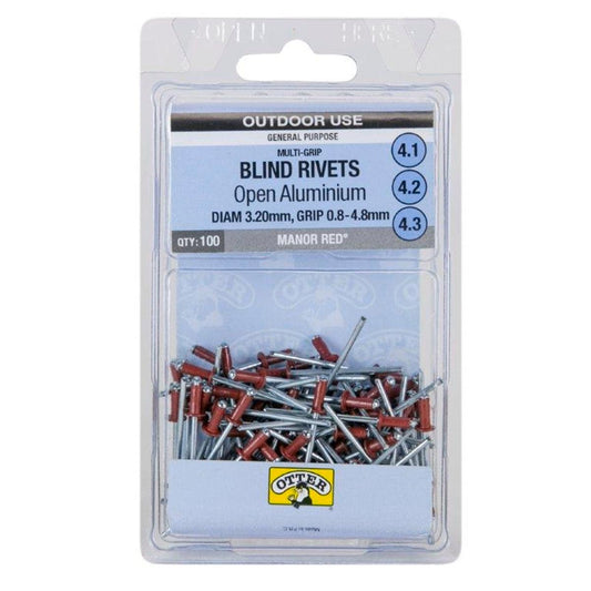 Otter Manor Red Multi Grip Open Aluminium Blind Rivet 3.2 x 0.8-4.8mm 100 Pack - Auzzistore