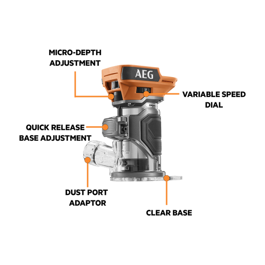 AEG 18V Brushless Trim Router Skin Only - ¼” - 100mm x 180mm - Precision Routing – view 2 - Auzzistore